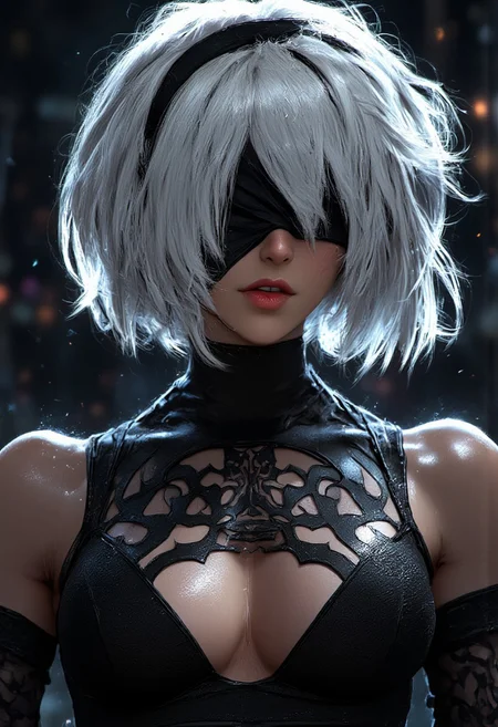 core_9, score_8_up, score_7_up, score_6_up, detailed drawing, 1girl, solo, short hair, dress, bare shoulders, medium breasts, closed mouth, upper body, white hair, hairband, sleeveless, mole, blurry, black dress, lips, wet, depth of field, facing viewer, rain, water drop, blindfold, wet hair, covered eyes, black blindfold, yorha no. 2 type b. A stunning, hyper-realistic.The sharp, delicate features of her face are framed by long, sleek white hair, slightly tousled, with strands falling over one eye, adding to her mysterious allure. Her expression is a mesmerizing mix of determination and fragility, Soft beads of sweat cling to her flawless, pale skin, subtly glowing in the dramatic side lighting that enhances every detail. The lighting casts intricate shadows across her face, which tremble slightly with tension. There’s a moody, atmospheric glow surrounding her, blending the ethereal elements of a fantasy world with the timeless elegance of modern fashion, as if contemplating both the battle before her and the weight of her existence,Long white hair, sexy, erotic, best quality, masterpiece (Luis Royo style drawing), detailed face, face in sharp focus and intricate detail, extremely detailed, great lighting, BREAK, quality, intricate details, Mystical light, sexy, no bra, cleavage,hkmagic, sultry, mesmerising expression, black magic fantasy crypt, magical glow, dark and moody, upper body shot, shafts of light, High Definition HD, High Detail, Perfect Composition, mythp0rt