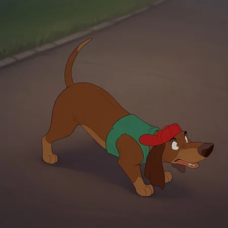 masterpiece, best quality, amazing quality, ItchyItchifordil, feral, male, Dachshund, brown fur, long ears, green shirt, sleeveless, red hat, outside, standing,