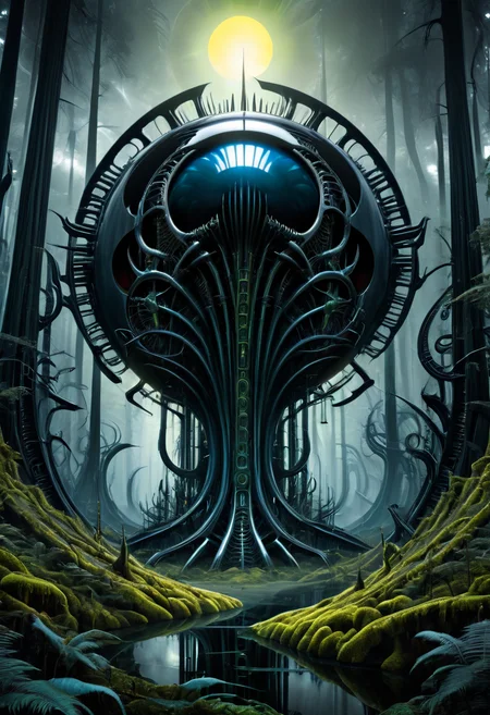A surreal eclipse where, A surreal android forest, artcymaticgridmap, in the style of H.R. Giger, Gritty and angular, Phantasmagoric visions of, floating instruments, aetherial, Harmonious in their, rotating in synchronized motion, arcadian, of colors and shadows masterpiece, beautiful, best quality, absurd resolution, 8k, uhd, <lora:artfully_ALIENS.ANDROIDS.ROBOTS:0.9>,
