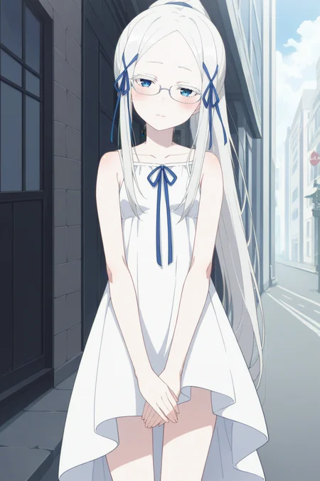 score_9, score_8_up, score_7_up, source_anime, 1girl, prefect lighting, very aesthetic, intricate details, highly detailed background, masterpiece, high quality, prefect hands, best quality, solo,
<lora:Pandora_ReZero_V1:.75>, KJOpandora, white hair, blue eyes, parted bangs, Long eyelashes, very long hair, hair ribbon, half-closed eyes, pale skin,
White sundress, glasses, ponytail,
standing, looking at viewer, from side, embarrassed, blush, head tilt, own hands together,
street, daytime, buildings, sidewalk,
(Beautiful, small Breasts:1.2), natural breasts,