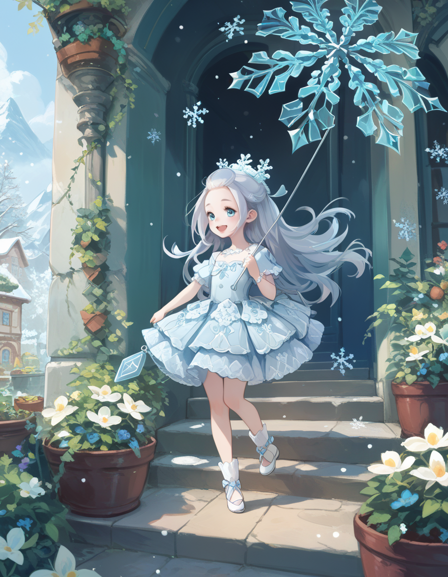 (score_9:0.9),score_8_up,score_7_up,rating_safe,(zPDXL3),(zPDXL),
<lora:Teardrop the Rikka Queen ponyXL v1.1:0.83>,
garden,winter,snow,
rikka petal, 1girl, solo, snowflakes, white flower, smile, full body, open mouth, snowflake umbrella, holding snowflake umbrella, cyan dress, minigirl, blue theme