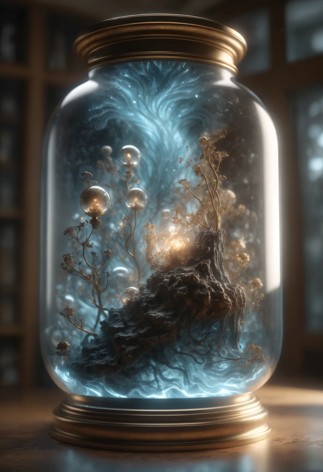 an optical illusion of the universe inside a glass jar, intricate detail, volumetric lighting, epic composition, hyper detailed, ultra realistic, sharp focus, octane render, volumetric, ray tracing, sense of awe, swirling mist, 4 k, cgsociety, sense of awe, mystical, by alphonse mucha, artstation, 8 k