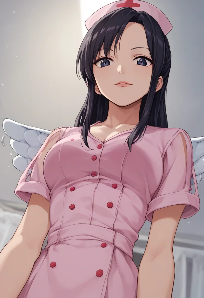 score_9, score_8_up, score_7_up, score_6_up, score_5_up, score_4_up, 1girl, laki, wings, nurse, pink dress, black hair, black eyes, looking at viewer, cute, from below, infirmary, source_anime, <lora:Laki_pony:1>
