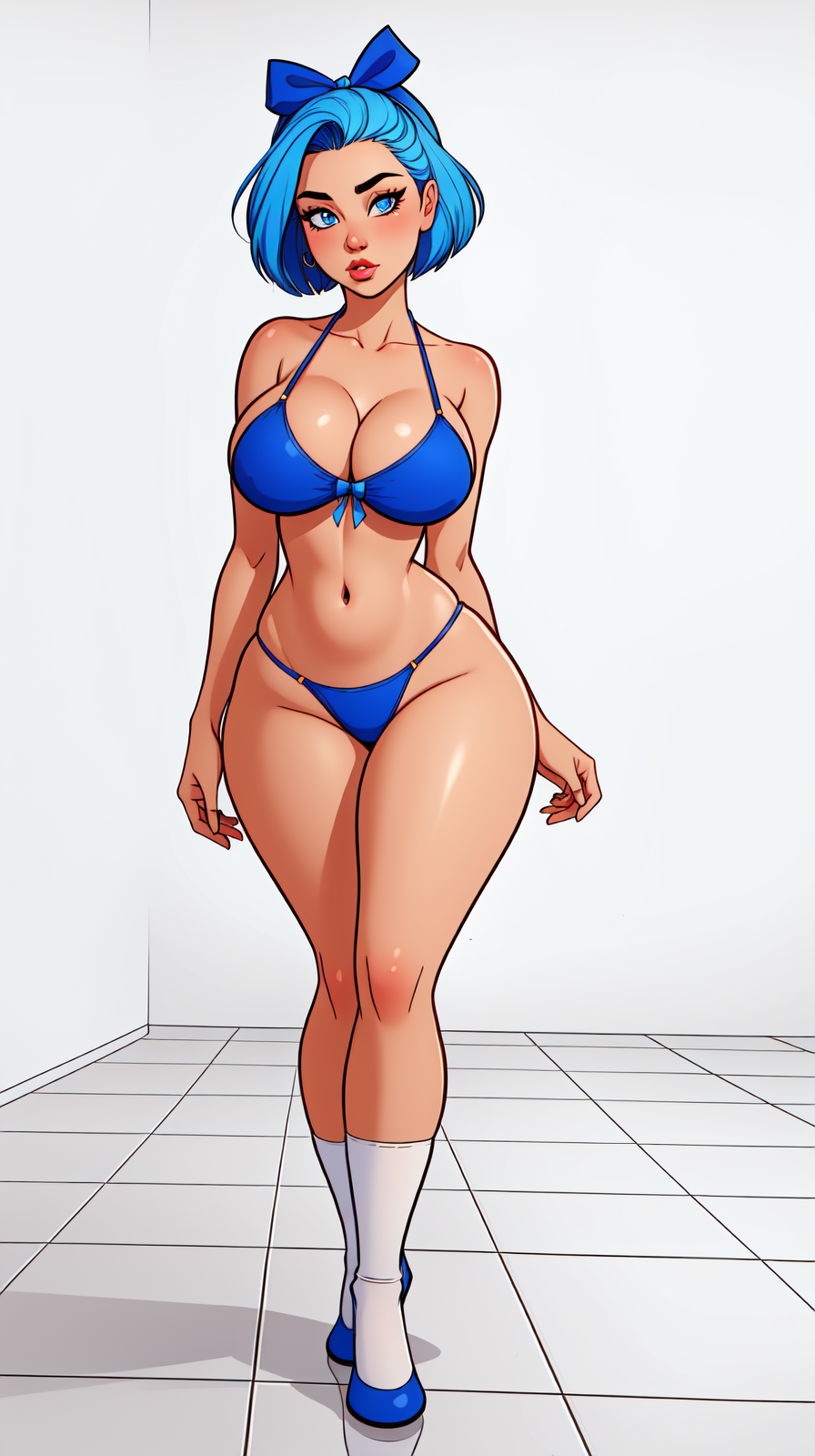high detailed, masterpiece <lora:p3r3zstyle_v3:0.8> 1girl cartoon character in a bikini and blue shoes, short hair, perfect hands, big breast, wide hips, thick thighs, blue bow on her head, ultra realistic digital art, a 3D render, photorealism, clean scene, white background, white wall, shinny floor, white floor