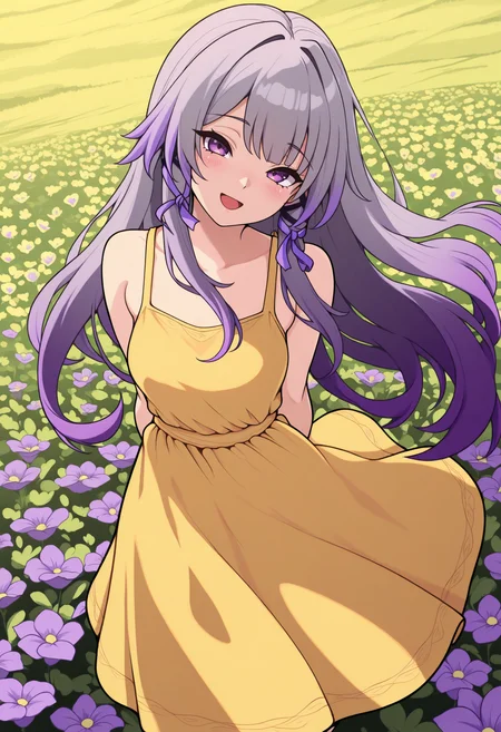 masterpiece, best quality, 1girl, solo, TheH3rt4, purple eyes, grey hair, gradient hair, purple hair, long hair, tress ribbon, lineart, yellow sundress, arms behind back, outdoors, wind, windy, flower field, looking at viewer, head tilt, smile, :d, blush, from above, <lora:ChamTheHertaNoobV4:1>