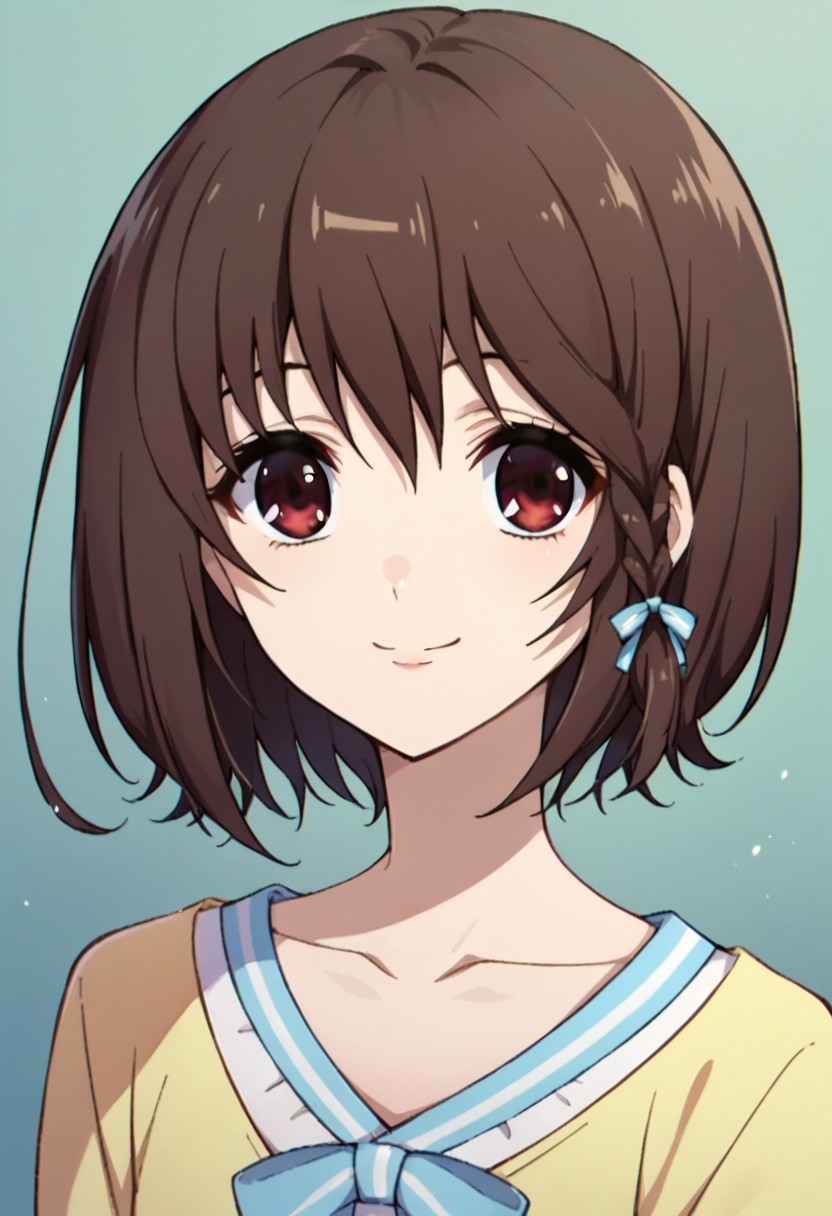 score_9, score_8_up, score_7_up, source_anime, fujiokamisaki, 1girl, solo, side braid, collarbone, bow, upper body, anime coloring, looking at viewer, smile