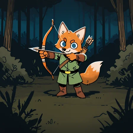 ROOT, fox,bow and arrows, forest , solo,very close to viewer , badass archer, cunning, dynamics, fighting ,;), bushes, strong, deep colors, male, tricky, rich colors, detailed, dark <lora:ROOT-000008:1.0>, best composition, holding bow in hand, green clothes, detailed orange fur, picturesque meadow, motion, aiming, blue eyes, drawing,