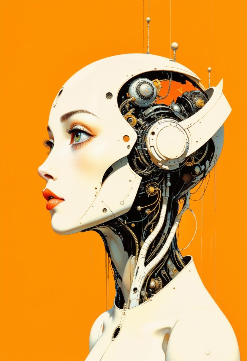 A vector illustration of a robot girl's face in profile, with one eye on an orange background and all other details in white. The left half is composed of various technical elements such as gears, wires, or pipes, while only her lips are colored red. A small yellow space around it creates contrast and emphasizes its shape. It appears to be connected through thin lines to another futuristic object that resembles a machine head. Illustration, vector graphics, flat design. Adding depth to the composition. High resolution, high detail, sharp focus, professional photography, full frame