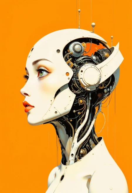 A vector illustration of a robot girl's face in profile, with one eye on an orange background and all other details in white. The left half is composed of various technical elements such as gears, wires, or pipes, while only her lips are colored red. A small yellow space around it creates contrast and emphasizes its shape. It appears to be connected through thin lines to another futuristic object that resembles a machine head. Illustration, vector graphics, flat design. Adding depth to the composition. High resolution, high detail, sharp focus, professional photography, full frame