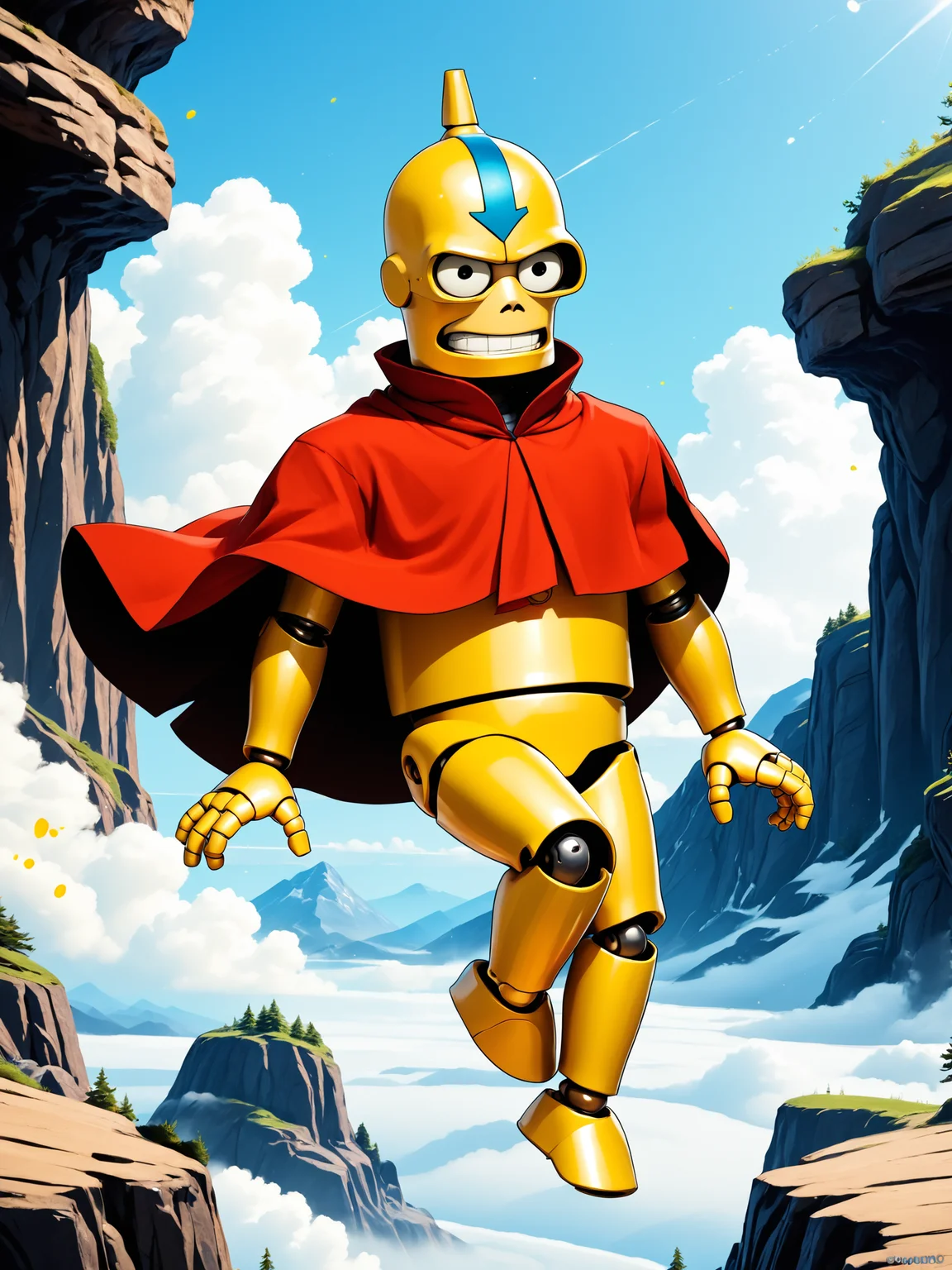 score_9,
golden robot, solo, floating in the sky,
<lora:aang-monk-pony-v1-000008:0.8@0,0.4@0.8:hr=0.2>
<lora:bender-robot-pony-v1:0.7:hr=0.5>
<lora:Expressive_H:0.2@0.2,0.8@0.8:hr=1.0>
BREAK
score_8_up, score_7_up,
monk, blue [arrow::0.2] forhead_mark, (red cape:0.7),
BREAK
score_8_up, score_7_up,
golden robot flying in the air, steam vortex, wind, mountains