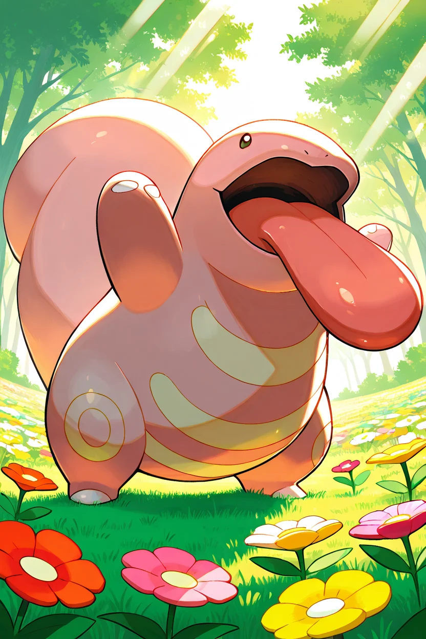 masterpiece, best quality, Lickitung, no humans, pokemon (creature), <lora:LickitungPokedexIXL:1.0>, playful pose, bright grassy field, cheerful expression, tongue extended, colorful flowers, warm sunlight, vibrant and whimsical, soft lighting, highly detailed