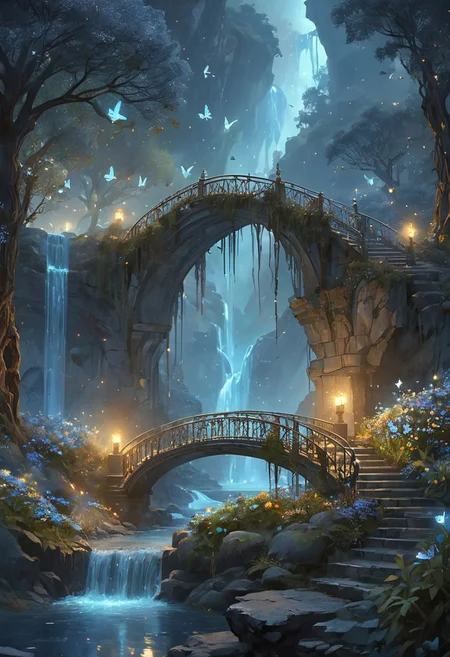 Ethereal moonstone bridge spanning a misty chasm between lush cliffs. Multiple waterfalls cascade around it. Glowing runes on railings. Bioluminescent plants and floating wisps illuminate the scene. Ancient silver-barked trees with golden leaves. Iridescent butterflies and tiny faeries among exotic flowers. Floating crystal islands in the background. Twin moons and auroras in the starry sky. Mystical atmosphere, no human figures. Hyper-detailed, fantasy style, ethereal lighting, 8k resolution., a style of greg rutkowski,janek sedlar,jenny saville:0]  <lora:vivid_everclear:0.35>  <lora:Sinozick:0.35>  <lora:MJ52:0.35>