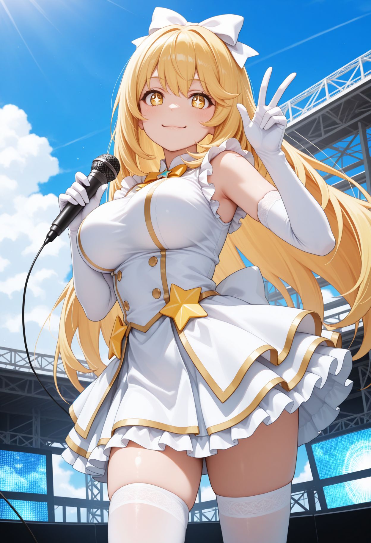 masterpiece,amazing quality,best quality,ultra-detailed,
  <lora:Shokuhou Misaki illu:1> 1girl, blonde hair, long hair, symbol-shaped pupils, +_+, large breasts,  1girl, blonde hair, day, white gloves, white thighhighs, symbol-shaped pupils, star-shaped pupils, smile, elbow gloves, holding microphone, hair bow, idol, v, looking at viewer, w, dress, yellow eyes, frills, yellow pupils, sparkling eyes, star (symbol), breasts, frilled gloves, bright pupils, sleeveless, outdoors, zettai ryouiki, sky