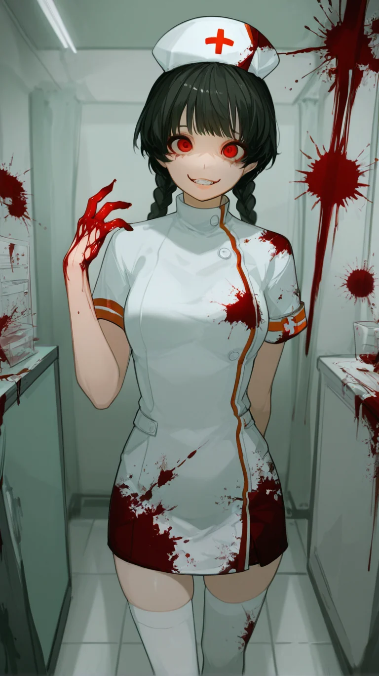 1girl, solo, long_hair, looking_at_viewer, smile, bangs, black_hair, red_eyes, thighhighs, hat, dress, holding, braid, short_sleeves, teeth, indoors, hand_up, white_dress, twin_braids, white_thighhighs, blood, arm_behind_back, blood_on_face, nurse_cap, nurse, blood_on_clothes, blood_splatter, blood_on_hands