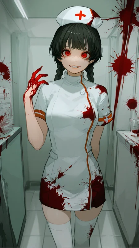 1girl, solo, long_hair, looking_at_viewer, smile, bangs, black_hair, red_eyes, thighhighs, hat, dress, holding, braid, short_sleeves, teeth, indoors, hand_up, white_dress, twin_braids, white_thighhighs, blood, arm_behind_back, blood_on_face, nurse_cap, nurse, blood_on_clothes, blood_splatter, blood_on_hands