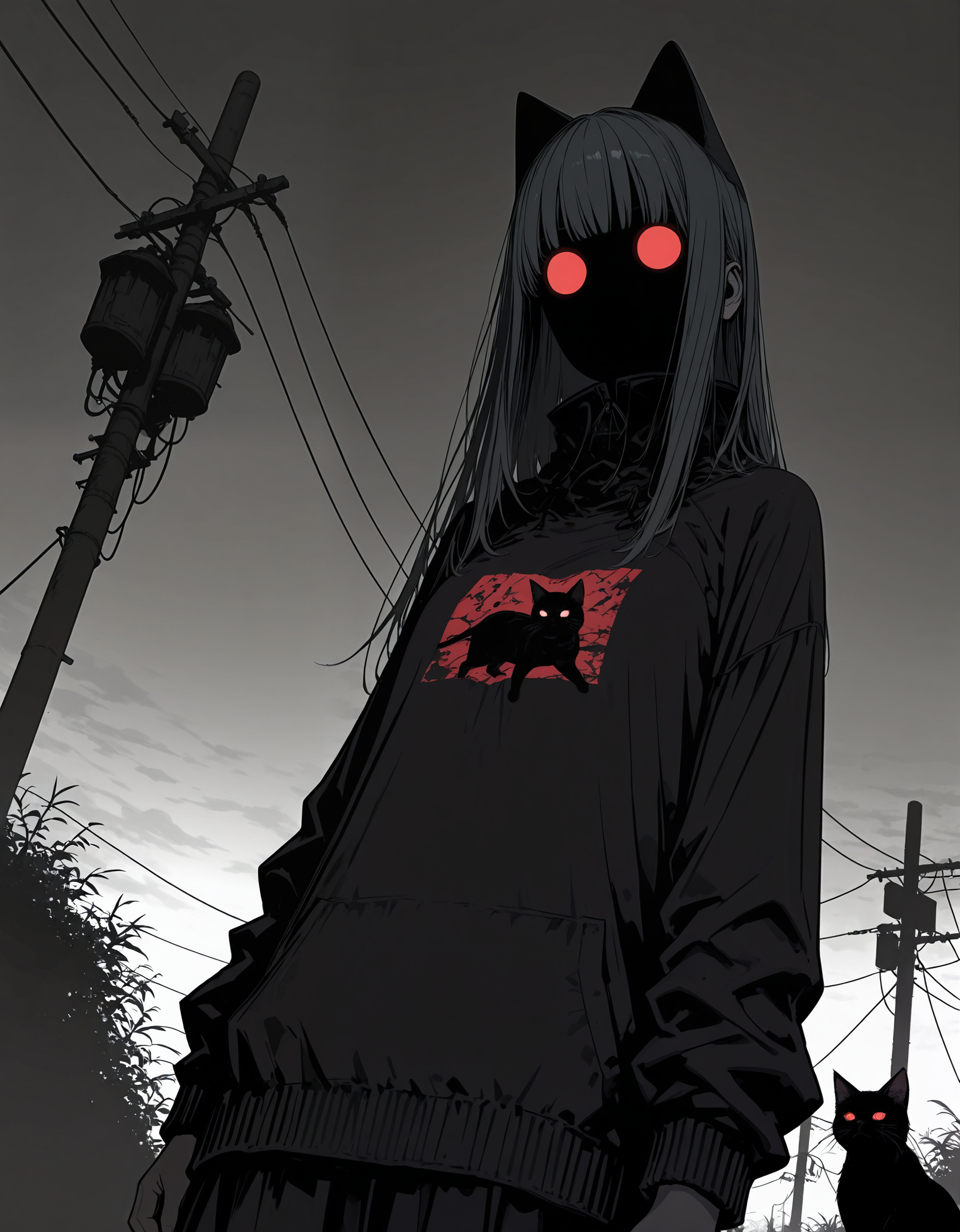 masterpiece, best quality,high quality, newest, highres,absurdres,  <lora:Sinozick_style:1>,Sinozick_illu, 1girl, cat, red eyes, animal ears, long hair, glowing eyes, spot color, black cat, glowing, cat ears, looking at viewer, solo, animal, white background, long sleeves, blood, simple background, power lines, bangs, no face, dutch angle, dark_theme,soft lighting