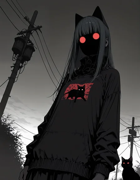 masterpiece, best quality,high quality, newest, highres,absurdres, <lora:Sinozick_style:1>,Sinozick_illu, 1girl, cat, red eyes, animal ears, long hair, glowing eyes, spot color, black cat, glowing, cat ears, looking at viewer, solo, animal, white background, long sleeves, blood, simple background, power lines, bangs, no face, dutch angle, dark_theme,soft lighting