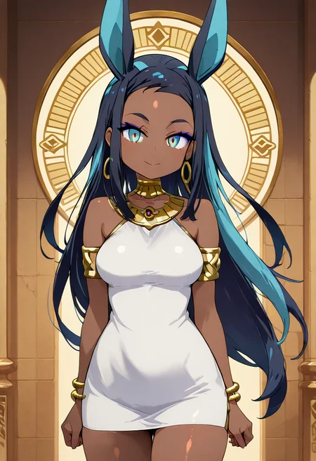 masterpiece, best quality, medium breasts, (curvy), aaAnuNessaCitron, blue eyes, eyeshadow, animal ears, black hair, blue hair, hair bun, long hair, multicolored hair, two-tone hair, dark skin, forehead, sidelocks, bare shoulders, jewelry, earrings, white dress, armlet, hoop earrings, bracelet, , <lora:AnubisNessaCitronOC_NAI:1.0>,, smile, looking at viewer, cowboy shot, ,<lora:IshuzokuReviewersNAI:1.0>,