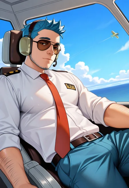 score_9, score_8_up, score_7_up, score_6_up, perfect anatomy, perfect proportions, best quality, masterpiece, high_resolution, high quality, best aesthetic, incredibly absurdres, highres, extremely detailed, huge filesize, gay, homo, bara, solo, male focus, male only, mature, masculine, manly, hunk, virile, handsome, charming, alluring, seductive, dutch angle, cowboy shot, Wilbur \(Animal Crossing\), ACWilbur, ACWilbur_outfit01, blue hair, short hair, black eyes, blue facial hair, jawline stubble, aviation pilot, aviator sunglasses, white bandaid on nose, white collared shirt, sleeves rolled up, red necktie, accurate necktie, aviator headset, blue pants, laying on bed, on back, arm rised, plane cockpit, pilot seats, blue sky, cloud, from side, pov, shading, countershading, detailed shading, detailed skin, realistic shading, intricate details,