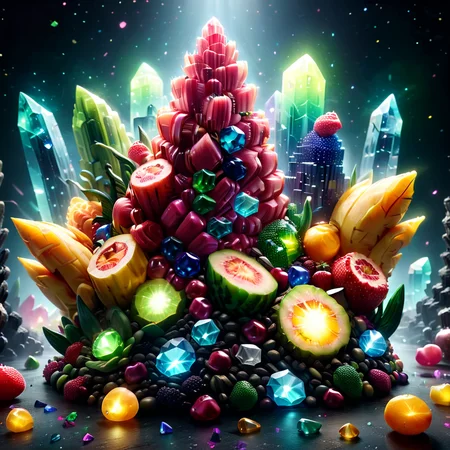 Masterpiece,absurd resolution,8k,high resolution,fruity,
mine,crystals,glow
,<lora:Fruit_world_XL25:1>