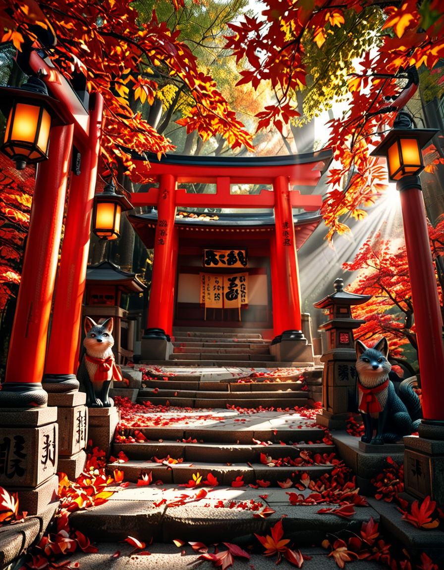 A breathtaking Inari shrine hidden within a serene Japanese forest during autumn. The scene is illuminated by the soft glow of traditional stone lanterns, casting warm golden light on the vibrant red torii gates that form a mesmerizing tunnel leading up the shrineâs stone steps. The ground is covered with delicate fallen maple leaves in shades of crimson, orange, and yellow. Kitsune (fox) statues with intricate details guard the entrance, wearing red bibs symbolizing their sacred role. The shrineâs wooden structure is adorned with ancient calligraphy and shimenawa ropes, exuding a mystical and spiritual atmosphere. Sunlight filters through the dense foliage, creating a tranquil interplay of light and shadow. The air feels crisp and filled with a sense of reverence and peace. The image is captured in a hyper-detailed, photorealistic style, with high dynamic range lighting enhancing the depth and richness of the colors.
<lora:SDXLFaeTastic2400:0.4> <lora:extremely_detailed:0.4> extremely detailed, <lora:Inari_shr1n3:1>,Inari shr1n3, Masterpiece,best quality,hi res,8k,hi res,8k,award winning,(sharp focus, intricate, highly detailed),