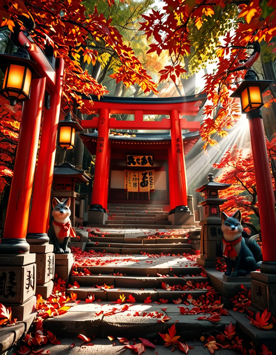 A breathtaking Inari shrine hidden within a serene Japanese forest during autumn. The scene is illuminated by the soft glow of traditional stone lanterns, casting warm golden light on the vibrant red torii gates that form a mesmerizing tunnel leading up the shrineâs stone steps. The ground is covered with delicate fallen maple leaves in shades of crimson, orange, and yellow. Kitsune (fox) statues with intricate details guard the entrance, wearing red bibs symbolizing their sacred role. The shrineâs wooden structure is adorned with ancient calligraphy and shimenawa ropes, exuding a mystical and spiritual atmosphere. Sunlight filters through the dense foliage, creating a tranquil interplay of light and shadow. The air feels crisp and filled with a sense of reverence and peace. The image is captured in a hyper-detailed, photorealistic style, with high dynamic range lighting enhancing the depth and richness of the colors.
<lora:SDXLFaeTastic2400:0.4> <lora:extremely_detailed:0.4> extremely detailed, <lora:Inari_shr1n3:1>,Inari shr1n3, Masterpiece,best quality,hi res,8k,hi res,8k,award winning,(sharp focus, intricate, highly detailed),