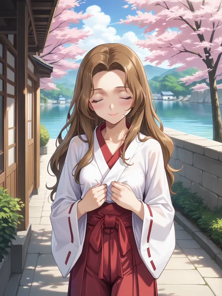 (score_9,score_8_up,score_7_up,source_anime), cure beauty, background light, Cinematic Lighting, realistic,
BREAK
masterpiece, best quality, glowing light, shiny hair, (dynamic angle:1.4),
BREAK
1girl, so;o focus, Nunnally Lamperouge, long hair, brown hair, closed eyes, miko, red hakama, long sleeves, wide sleeves,
BREAK
small breasts,
BREAK
blush, embarrassed, light smile,
BREAK
BREAK
(elaborate background), (japan), outdoors, (tree-lined avenue), spring, cherry blossoms,
BREAK
<lora:Nunnally_Lamperouge:1>