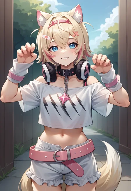 score_9, score_8_up, source_anime, 1girl, solo, MococoBase, short hair, streaked hair, hairband, hairclip, black collar, chain, headphones around neck, cropped shirt, white shirt, short sleeves, off-shoulder, arm warmers, pink belt, white shorts, fishnet socks, tail, standing, paw pose, :3, smile, outdoors, <lora:ChamMococoAbyssgardPonyXL:1>