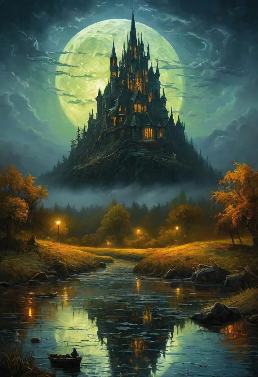 (impressionist landscape masterpiece:1.5), (best quality:1.5), (aesthetic + beautiful + harmonic), (horror themed:1.5), (ultra detailed scenery, ultra detailed background:1.5), (symmetrical intricate details + sharpen symmetrical details) | ((at night all evil lurking arise, those that cannot hide will certaily lose their lives, at night the true horror show humans how weak they are against an indomitable foe:1.5))