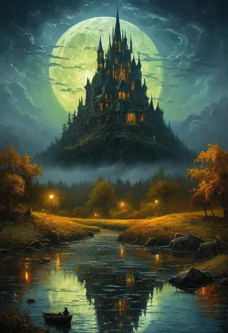 (impressionist landscape masterpiece:1.5), (best quality:1.5), (aesthetic + beautiful + harmonic), (horror themed:1.5), (ultra detailed scenery, ultra detailed background:1.5), (symmetrical intricate details + sharpen symmetrical details) | ((at night all evil lurking arise, those that cannot hide will certaily lose their lives, at night the true horror show humans how weak they are against an indomitable foe:1.5))