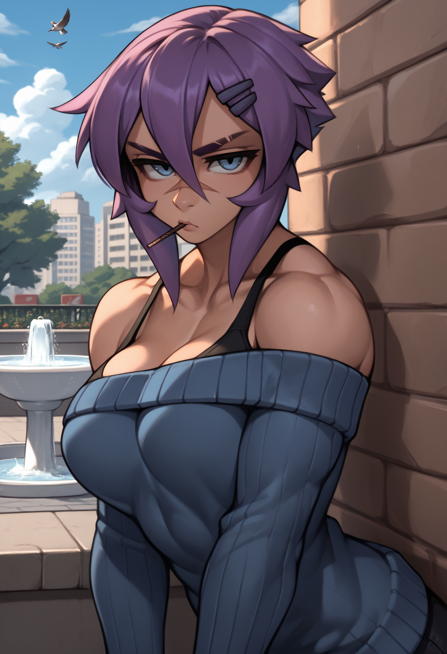 score_9, score_8_up, score_7_up, 1girl, mayanew, blue eyes, purple hair, short hair, hairclip, nose scar, eyebrow cut, large breasts, toned, 
blue sweater, long sleeves, ribbed sweater, off-shoulder sweater, black tank top under sweater, collarbone,
looking at viewer, serious, toned, leaning against wall, from side, pocky,
outdoors, city, park, fountain, cloud, birds,
<lora:Maya-NewStyle-Roadi3PDXL_V1-Manityro-CAME:1.0>,