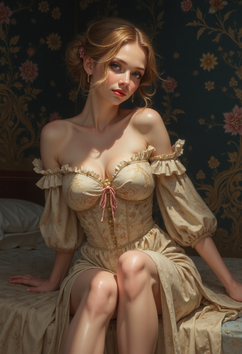 concept art an alluring Victorian woman, loose chignon hairstyle with side-swept strands, flirty smile, luxurious beige gown with floral embroidery, gown pulled up to reveal crossed legs adjusting sheer white stockings, seductive, sultry, elegant, seated on the edge of an ornate bed, soft light illuminating one side of her face, rich dark blue background with floral patterns, timeless and sophisticated <lora:RM_Baroque_Cyberpunk_v0.8M:0.85> <lora:VividlySurreal:0.75> . digital artwork, illustrative, painterly, matte painting, highly detailed