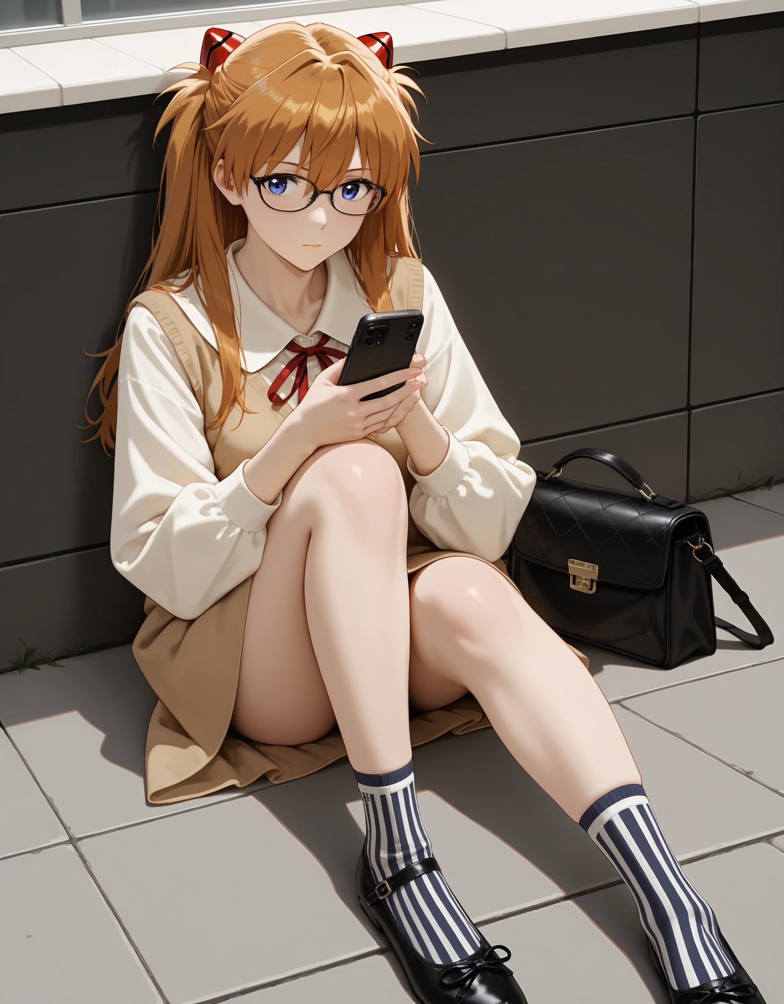 masterpiece,best quality,very aesthetic,zPDXL,1girl,indoor,<lora:flatshoes-000019:0.6>,balletshoesXL1,black footwear,souryuu asuka langley,flat_shoes,sitting,(realistic:0.3),skindentation,black-framed eyewear,messenger bag,dynamic_angle,on the phone,vertical-striped socks,dress,