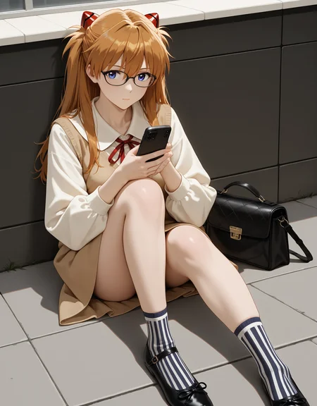 masterpiece,best quality,very aesthetic,zPDXL,1girl,indoor,<lora:flatshoes-000019:0.6>,balletshoesXL1,black footwear,souryuu asuka langley,flat_shoes,sitting,(realistic:0.3),skindentation,black-framed eyewear,messenger bag,dynamic_angle,on the phone,vertical-striped socks,dress,
