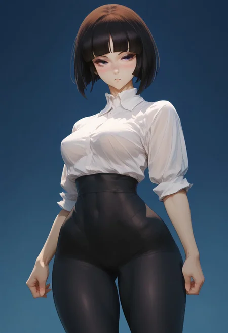 score_9_up, score_8_up, score_7_up, Anime_source,score_9, score_8_up, score_7_up, rating_explicit, uncensored ,
1girl, focus, ,
Kivye, black eyes, black hair, short hair, blunt bangs, short hair,
normal uniform, black pantyhose not transparent ,white shirt,black pantyhose, Battle clothes,
sexy slender curvy body, (sexy thick thighs), extremely sexy legs, blush, nose , sexy body ,