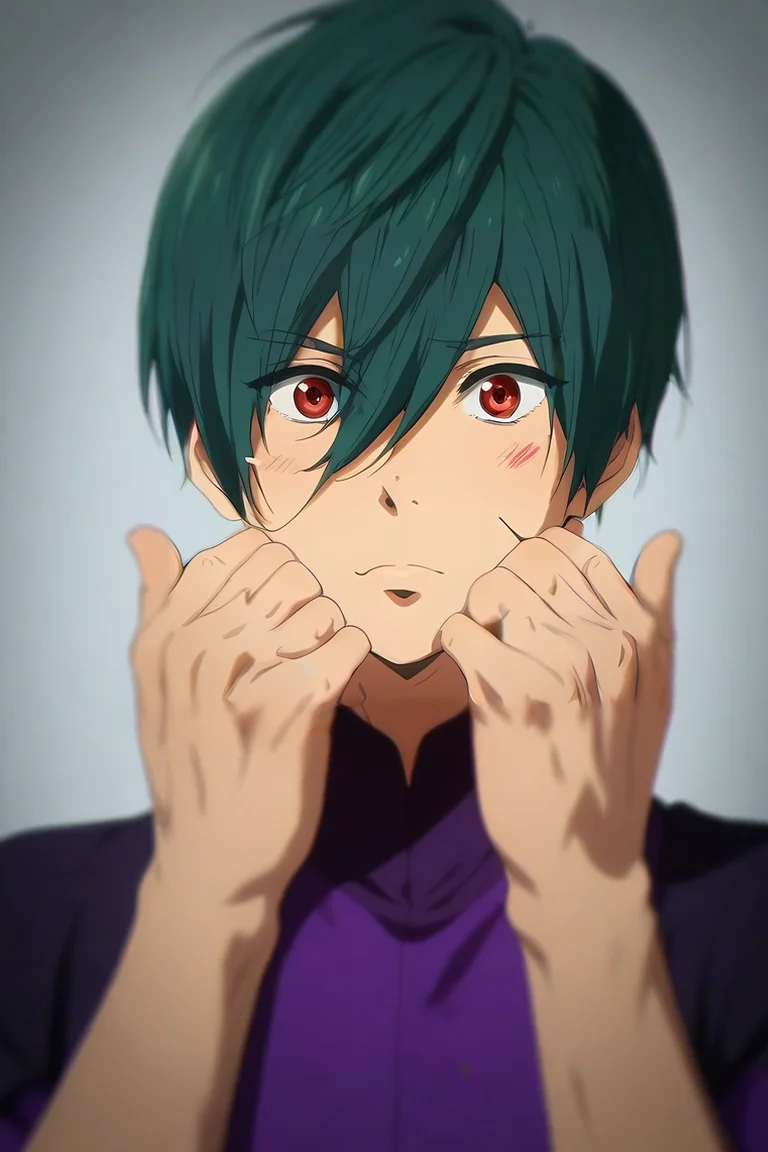 score_9, score_8_up, score_7_up, source_anime, (photorealistic:0.6), looking at viewer, upper body, depth of field, 1boy, solo, male focus, <lora:ikuya_kirishima_pony:0.76>, ikuya_kirishima, green hair, red eyes, hair between eyes, short hair, bangs, aged down, king costume, atompunk, Hands on cheeks, displaying surprise, <lora:sdxl_lightning_8step_lora:1>