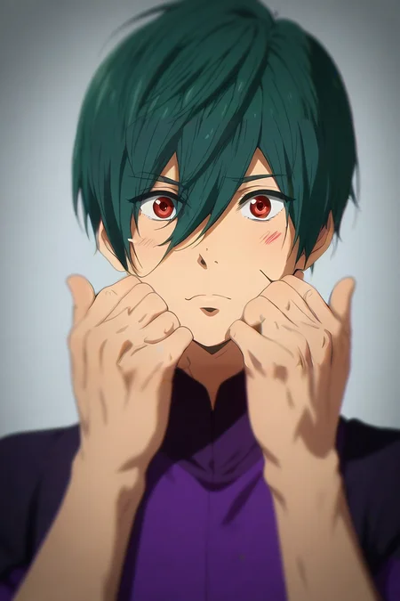 score_9, score_8_up, score_7_up, source_anime, (photorealistic:0.6), looking at viewer, upper body, depth of field, 1boy, solo, male focus, <lora:ikuya_kirishima_pony:0.76>, ikuya_kirishima, green hair, red eyes, hair between eyes, short hair, bangs, aged down, king costume, atompunk, Hands on cheeks, displaying surprise, <lora:sdxl_lightning_8step_lora:1>