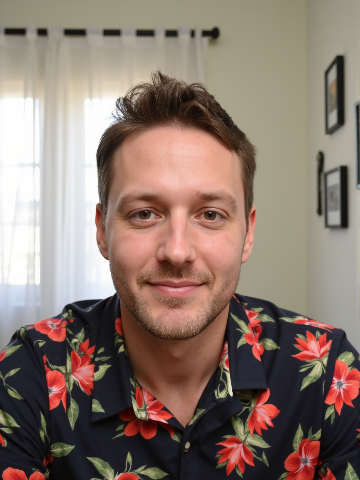 A close-up portrait of a man in a room with a light-colored wall. He is wearing a floral shirt with red flowers and green leaves on a dark background. The man has short, dark hair and a light beard. His expression is neutral, and he is looking directly at the camera. The room has a window with white curtains, and there are several framed pictures hanging on the wall. The overall style of the image is candid and relaxed, capturing a moment of casualness.
