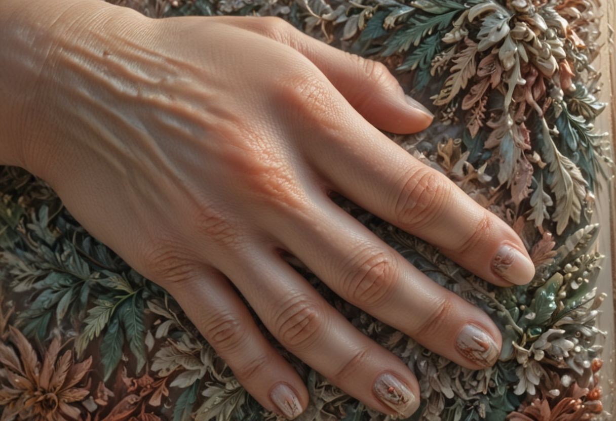 (Realism: 1.4), Cinematic lighting, (detailed image of female palm), fingers, skin texture, nail polish, (correct anatomical shape), five fingers, detailed performance, perspective from different angles, close and far.