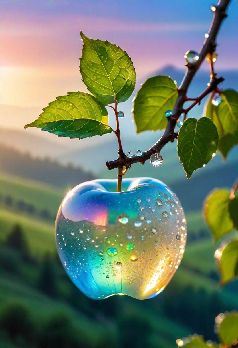 a delicate apple made of opal hung on branch  in the early morning light, adorned with glistening dewdrops. in the background beautiful valleys, divine iridescent glowing, opalescent textures, volumetric light, ethereal, sparkling, light inside body, bioluminescence, studio photo, highly detailed, sharp focus