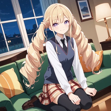 masterpiece, best quality, score_9, score_8_up, score_7_up, full body, 1 girl, looking at viewer, cowboy shot, dutch angle, indoors, sitting on couch, living room, night, blush, smile, Shia Foschurose, blone hair, twin drills, twintails, purple eyes, school uniform, sleeveless sweater vest, white shirt, black tie, long sleeved shirt, plaid skirt, black thighhighs, brown loafers