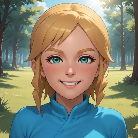 score_9, score_8, BREAK, solo, wii, mii, wii sports, 1girl, female mii, green eyes, blonde hair, blonde eyebrows, blush, cyan clothing, white pants, shoes, nintendo mii, modern_mii, classic_mii, breasts, olga_(wii_sports), cute, sexy pose, self portrait, smile, outdoors, sunlight, shadows, evening lighting, natural lighting, forest, trees, grass, orange sky, sunset