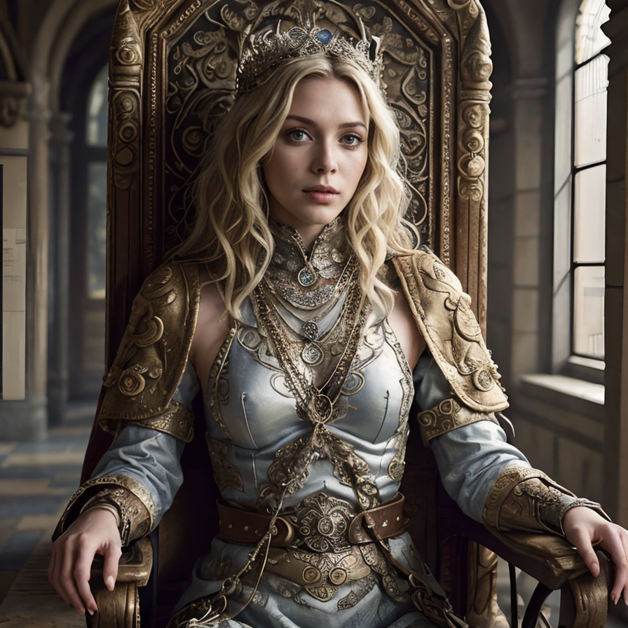 RAW photo, (masterpiece:1.3), subsurface scattering, heavy shadow, (high quality:1.4), (intricate, high detail:1.2), professional photography, HDR, High Dynamic Range, realistic, ultra realistic, photorealistic, high resolution, film photography, ambient lighting, atmospheric effects, <lora:detail_slider_v4:2>, OverallDetail, epic medieval fantasy, a noble in a throne room wearing an intricate and elaborate doublet with honey blonde long and messy hair, diadem, fanhe, <lora:FantasyHeaddress:0.6>, chain, leather wristband,  studded belt, at sundown, <lora:zoom_slider_v1:-1.5>,  <lora:cleavage:-1>, in the style of Diego Gisbert Llorens, epiCPhoto