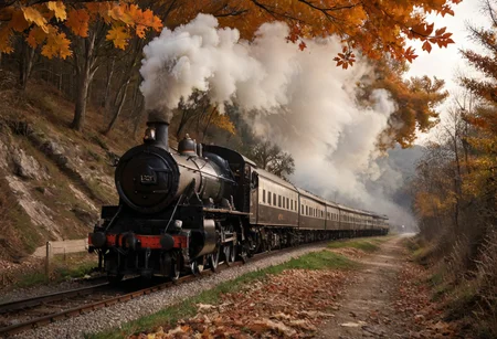zPDXL3, score_9, score_8_up, score_7_up, masterpiece, high quality, realistic, raw lighting, An autumn scene, (hills in the background:1.4), a few trees, (old steam locomotive), ((train tracks)), (leaves blowing in the wind:1.2), depth of field, highly detailed, high contrast, film grain, Rim Lighting, Long Exposure, fluxenh4nce, Stable_Yogis_PDXL_Positives