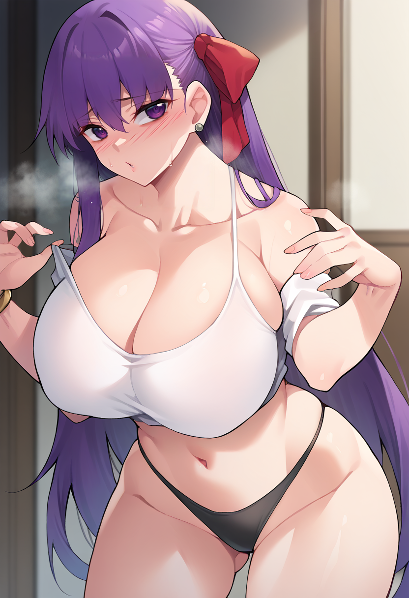 score_9, score_8_up, source_anime BREAK 1girl, solo, long hair, looking at viewer, blush, bangs, huge breasts, wide hips, thick thighs, navel, cleavage, bare shoulders, jewelry, underwear, panties, sweat, earrings, bracelet,  crop top, black panties, highleg,  white tank top, camisole, BBFate, purple eyes, long hair, purple hair, hair ribbon, red ribbon <lora:ChamBBFatePonyXL:1>,      <lora:jjune-Style-PonyXL-Dora-000019:1>