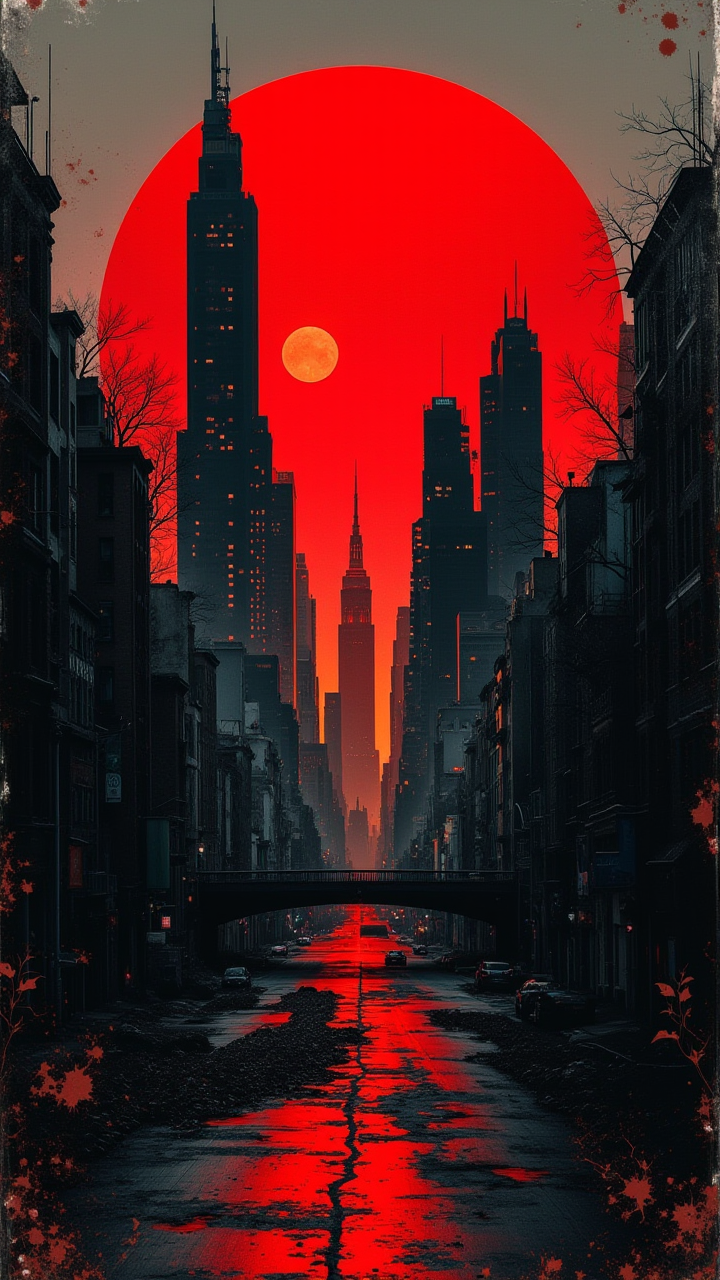 Urban skyline at dusk, featuring a dramatic, oversized red sun setting behind towering skyscrapers. The scene embodies a blend of retro and modern aesthetics, with an emphasis on an impressionistic style that showcases bold brush strokes and splashes of color. The background integrates dark, muted tones contrasted by vibrant reds and deep blacks, creating a stark, moody atmosphere. Elements of urban decay are visible, with gritty textures and overlays that suggest a sense of both chaos and beauty. The skyline is silhouetted against the sun, filled with varied architectural shapes, some leaning towards futuristic styles, while others reflect a more classic design. Overall, the composition evokes feelings of nostalgia and introspection, enhanced by a gritty yet vibrant color palette.  bo-exposure, double exposure,
