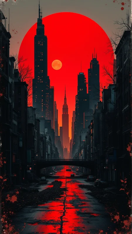 Urban skyline at dusk, featuring a dramatic, oversized red sun setting behind towering skyscrapers. The scene embodies a blend of retro and modern aesthetics, with an emphasis on an impressionistic style that showcases bold brush strokes and splashes of color. The background integrates dark, muted tones contrasted by vibrant reds and deep blacks, creating a stark, moody atmosphere. Elements of urban decay are visible, with gritty textures and overlays that suggest a sense of both chaos and beauty. The skyline is silhouetted against the sun, filled with varied architectural shapes, some leaning towards futuristic styles, while others reflect a more classic design. Overall, the composition evokes feelings of nostalgia and introspection, enhanced by a gritty yet vibrant color palette. bo-exposure, double exposure,