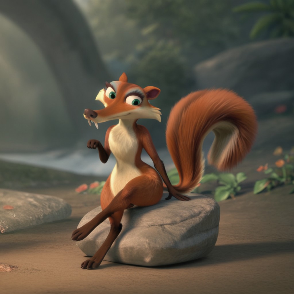 score_9, score_8_up, score_7_up, score_6_up, score_5_up, score_4_up, source_furry, Scrattedotd, semi-anthro, female, squirrel, orange-brown fur, green eyes, fangs, outside, sitting, on a rock, leaking back, crossed legs