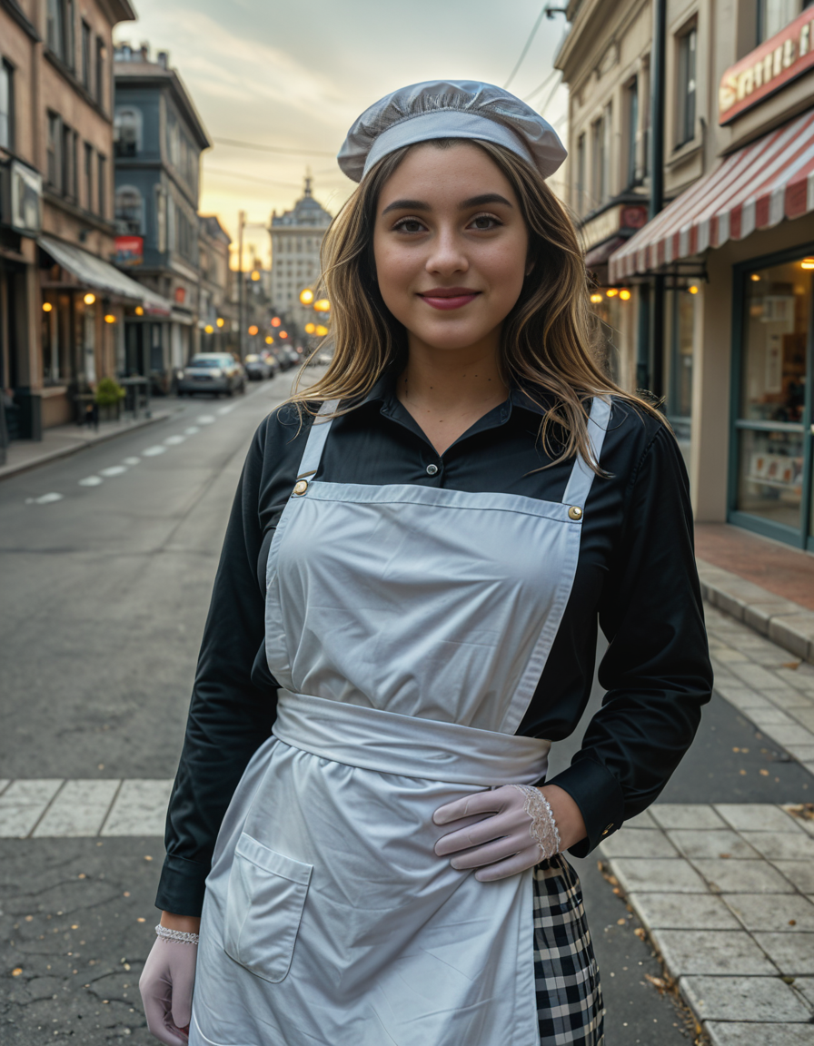 cowboy shot, looking at viewer,female_focus, medium close-up,,A woman wearing a White apron, jacket, checkered pants, chef hat, towel, clogs ,stands confidently in a bustling city street at dusk. The streetlights cast a warm glow on the pavement, and neon signs flicker in the background. The personâs white gloves contrast sharply against the dark outfit, adding a touch of elegance. A light evening mist rises from the ground, creating a cinematic atmosphere. Pedestrians pass by, some glancing curiously at the well-dressed figure. The cityscape features modern and old architecture, blending tradition with contemporary urban life.
<lora:SDXLFaeTastic2400:0.4> <lora:extremely_detailed:0.4> extremely detailed, Masterpiece,best quality,hi res,8k,hi res,8k,award winning,(sharp focus, intricate, highly detailed),