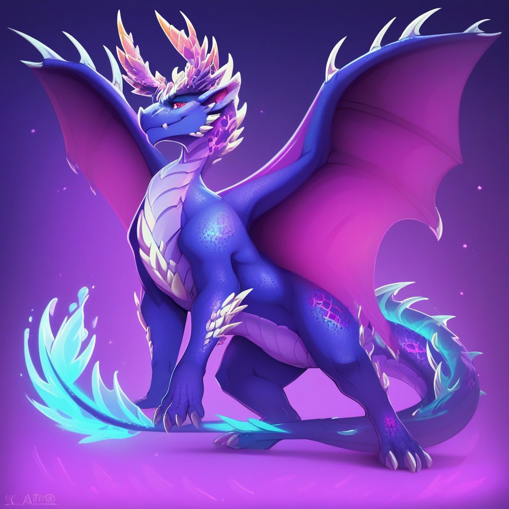 score_9, score_8_up, score_7_up, score_6_up, semi-realistic artwork, high quality, vibrant colors, best quality rendering, intricate details, high resolution, sharp focus, best render quality,[e621] Scappo Style,solo,
Alatreon, tail, wings, horns, dragon, dragon wings, furry ,colored skin,dragon tail, dragon horns,purple skin